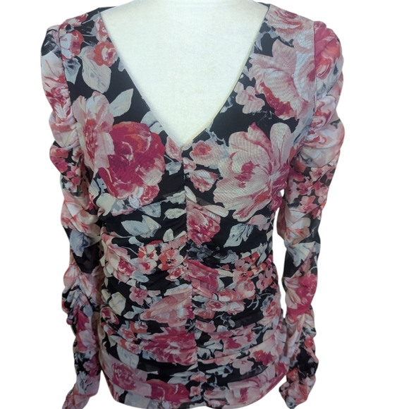 WHBM Pink/ Black Whimsigoth Floral Ruched Semi Sheer V Neck Blouse Sz M - Picture 3 of 10